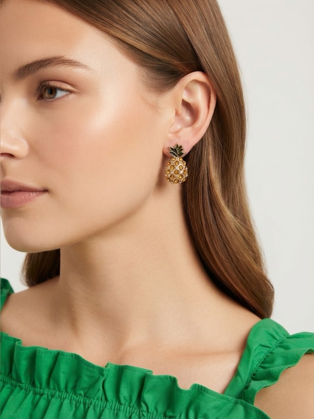 Pineapple Rhinestone Stud Earrings | Gold Tone Yellow Crystal Tropical Jewelry